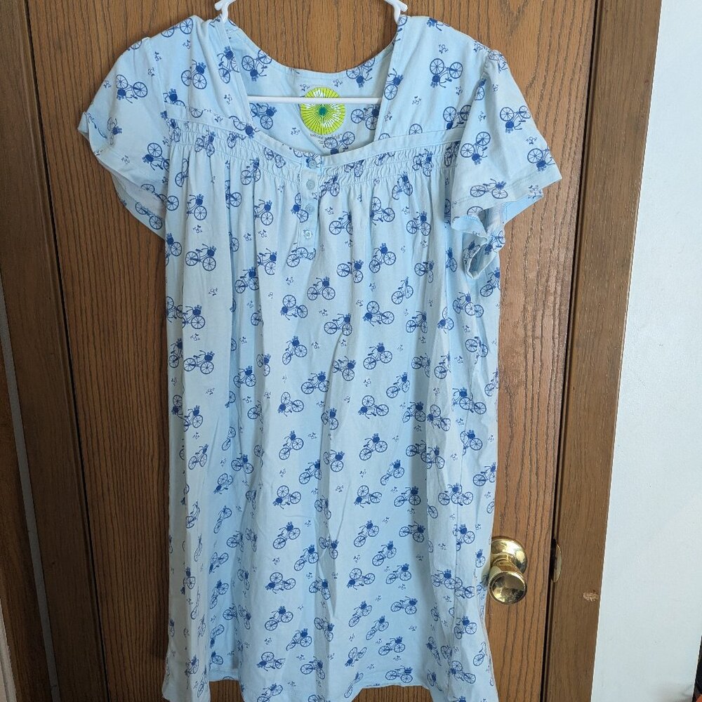 White Orchid Bicycle Flutter Sleeve Nightshirt Nightgown Spring Summer Blue -M